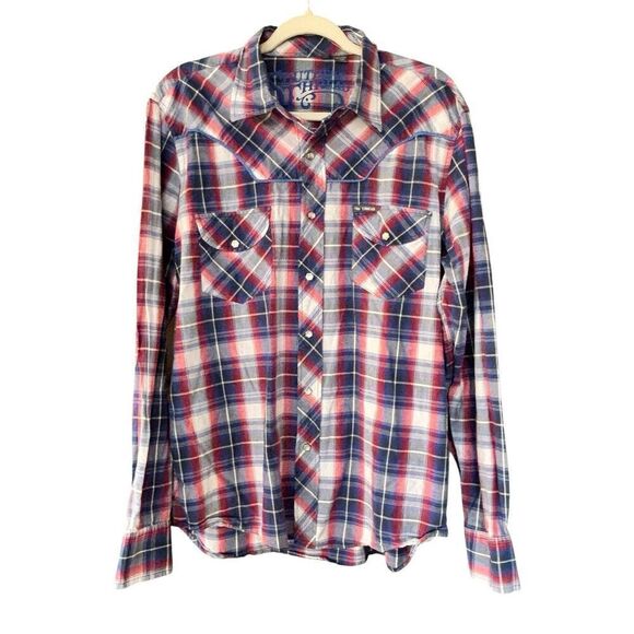 Southern Thread Western Pearl Snap Shirt Men Large Red Plaid Long Sleeve Rodeo - Picture 1 of 9
